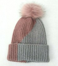 New Women&#39;s Winter Soft Stretchy Two-Tone Knit W/ Faux Fur Pom Ski Beanie Hat #J - £9.02 GBP