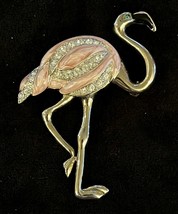 Vtg Art Deco Silver Tone Pink Enamel &amp; Rhinestone Flamingo Brooch Green Eye Lrg - £13.93 GBP