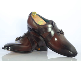 Handmade Men&#39;s Brown Double Monk Leather Shoes, Men Designer Dress Shoes - £114.56 GBP+