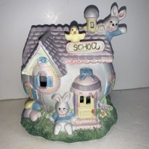 Easter Village Bunny House Decoration Egg shaped SCHOOL HOUSE Lightable 5” - £13.44 GBP