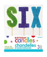 6th Birthday Glitter Number Candles SIX Cake Topper Party Supplies 3ct S... - $11.15 CAD