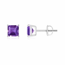 Natural Amethyst Square Solitaire Stud Earrings in 14K Gold (Grade-AAA , 5MM) - £243.88 GBP