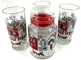 Vintage Libbey Christmas Winter Village Coolers Tumblers Glasses 3 W/Candy Jar - £31.13 GBP