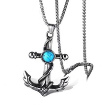 Mens Vintage Turquoise Anchor Pendant Biker Necklace Stainless Steel Chain 24&quot; - £9.61 GBP