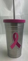 PINK RIBBON CANCER AWARENESS 16 OZ STAINLESS STEEL CUP W/ STAINLESS STEE... - £10.67 GBP