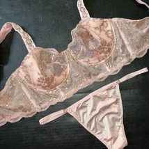 Victoria&#39;s Secret unlined 36D CORSET TOP BRA SET L PINK gold foil lace sequined - £62.54 GBP