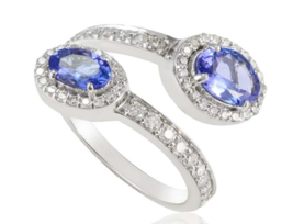 14k White Gold 1.04ct Genuine Oval Tanzanite and Halo Diamond Bypass Ringss Ring - £1,154.64 GBP