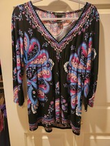 INC Sz M International Concepts Tunic Blouse Top Women Blue Multi Floral... - $22.77