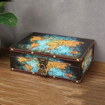 Vintage Wood Treasure Chest Keepsake Jewelry With Map Leather, 10&quot;* 8&quot;* 3&quot; - £30.24 GBP