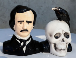Ceramic Edgar Allen Poe And Nevermore Raven On Skull Salt And Pepper Sha... - $16.99