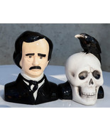 Ceramic Edgar Allen Poe And Nevermore Raven On Skull Salt And Pepper Sha... - $312.79 MXN