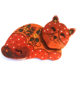 Vintage Wooden Smiling Cat Hand Painted Figurine Red Flowers 7 Inch - £16.26 GBP