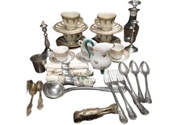 c1900 French Childrens Tableware Items Cups/Saucers, Cutlery, Candlestic... - $242.55