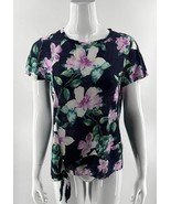 J Jill Love Linen Top Size XS Navy Blue Purple Green Floral Side Tie Tee... - $41.66 CAD