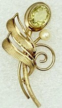 Vintage AMCO 14K Gold Filled Floral Brooch Yellow Green Gemstone &amp; Pearl... - $736.95 MXN