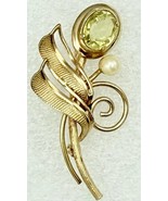 Vintage AMCO 14K Gold Filled Floral Brooch Yellow Green Gemstone &amp; Pearl... - $39.99
