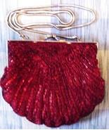 Walborg Style Vtg Beaded Clam Shell Red Evening Purse w/chain Handle - £29.06 GBP