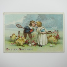 Easter Postcard Boy &amp; Girl Play Tennis Yellow Chicks Embossed Antique 1912 - £7.82 GBP