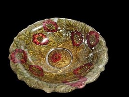 Antique Goofus Glass WILD ROSE 9.25&quot; Scalloped Bowl Early 1900s Carnival Glass - £20.97 GBP