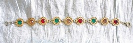 Elegant Open Back Red, Green &amp; Peach Rhinestone Gold-tone Bracelet 1960s vint. - £11.22 GBP