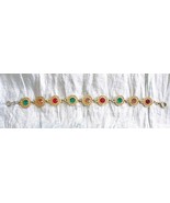 Elegant Open Back Red, Green &amp; Peach Rhinestone Gold-tone Bracelet 1960s... - £11.35 GBP