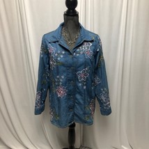 Venezia Jean Jacket Shirt Womens Medium Embroidered Bedazzled Button Up Blue Den - £11.71 GBP