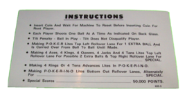 Pokerino Pinball Machine Instruction Card Vintage Original 1978 - £12.84 GBP