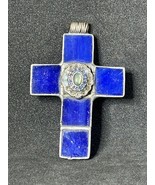 Massive Vintage Deco Catholic Church Cross Blue Stones With Silver Handmade - $30.51
