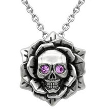 Controse Tattoo Skull Rose Birthstone Choose Color Crystal Eyes Pendant Necklace - £22.30 GBP