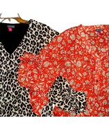 Lot 2 Vince Camuto Tops Red Floral Sheer Leopard V-neck Blouse Dressy Ca... - £12.56 GBP