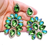 Rhinestone PIERCED Earrings, Chandelier Drop Earrings, Green Vitrail Pageant Ear - £37.71 GBP