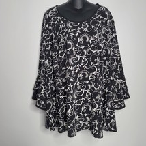 Catherines Womens Blouse Top Shirt Plus 3X 26/28W Bell Sleeves Black Whi... - $26.99