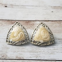 Vintage Clip On Earrings - Triangle Shape with Swirly Cream Center &amp; Ornate Halo - $11.99