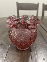 Vtg Fenton Art Glass Cranberry Pink Ruffled Daisy Button Rose Bowl Vase ... - $29.69
