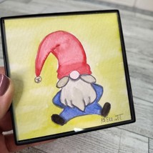 Red Hat Gnome Watercolor Art in Black Frame 4&quot; Square Display on Table or Wall - $11.87