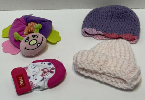 Primary image for Baby Girl Lot of 4 Items 2 Teether Crinkle Toys and 2 Handmade Crocheted Hats