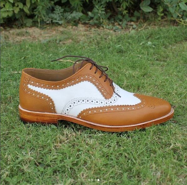 Men Tan White Cont Brogue Toe Wing Tip Oxford Genuine Leather Shoes US 7-16