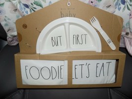 Rae Dunn Baby Set Foodie Let’s Eat Plate Bib Bodysuit Utensils 4 Piece 0... - $25.55
