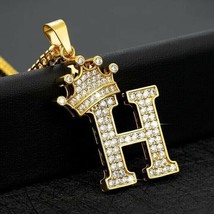 1.25Ct Real Moissanite Crown Initial Letter &quot;H&quot; Pendant 14K Yellow Gold Plated - £104.62 GBP