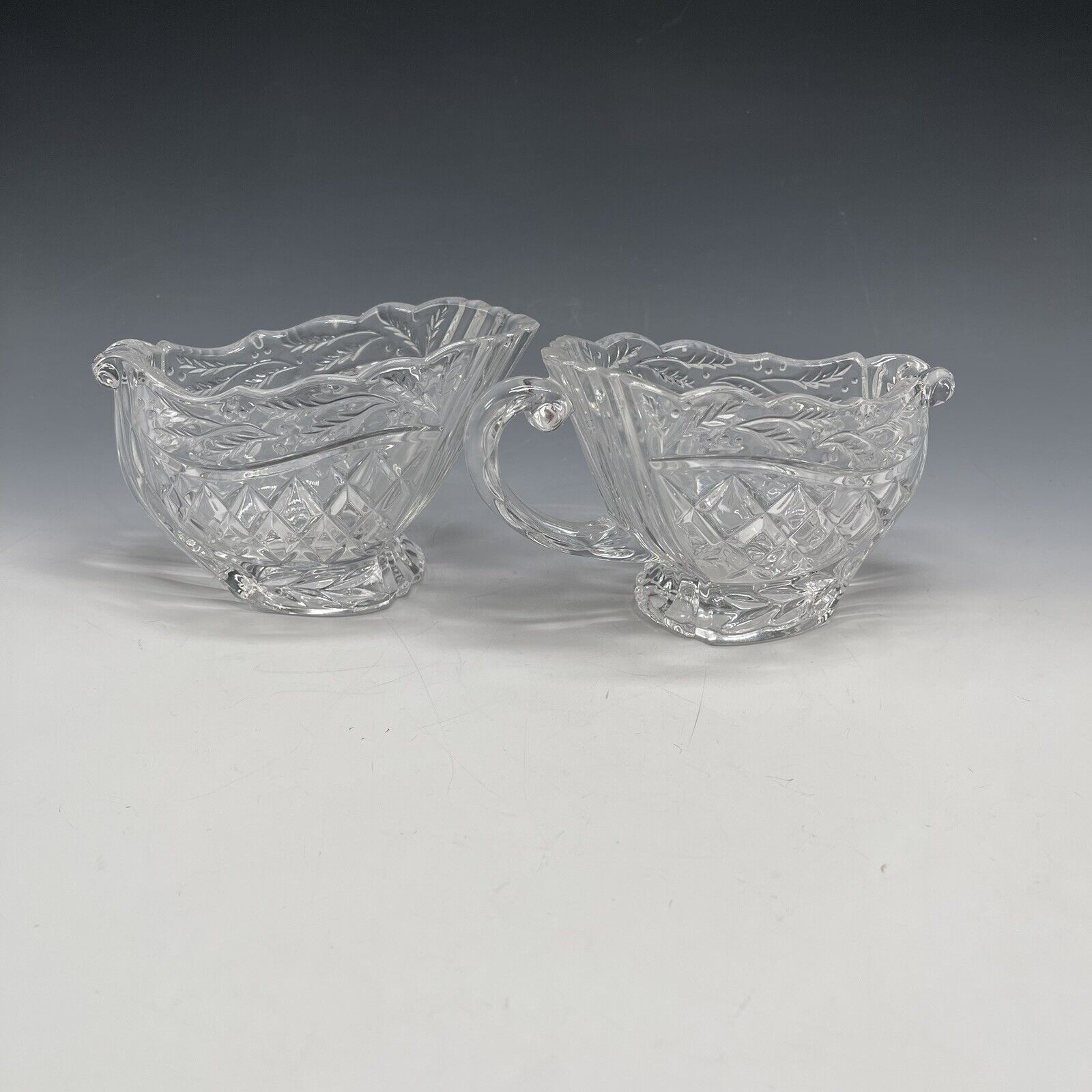 Gorham Lead Crystal Xmas Sugar &amp; Creamer Sleigh Shapes Glass - $23.15