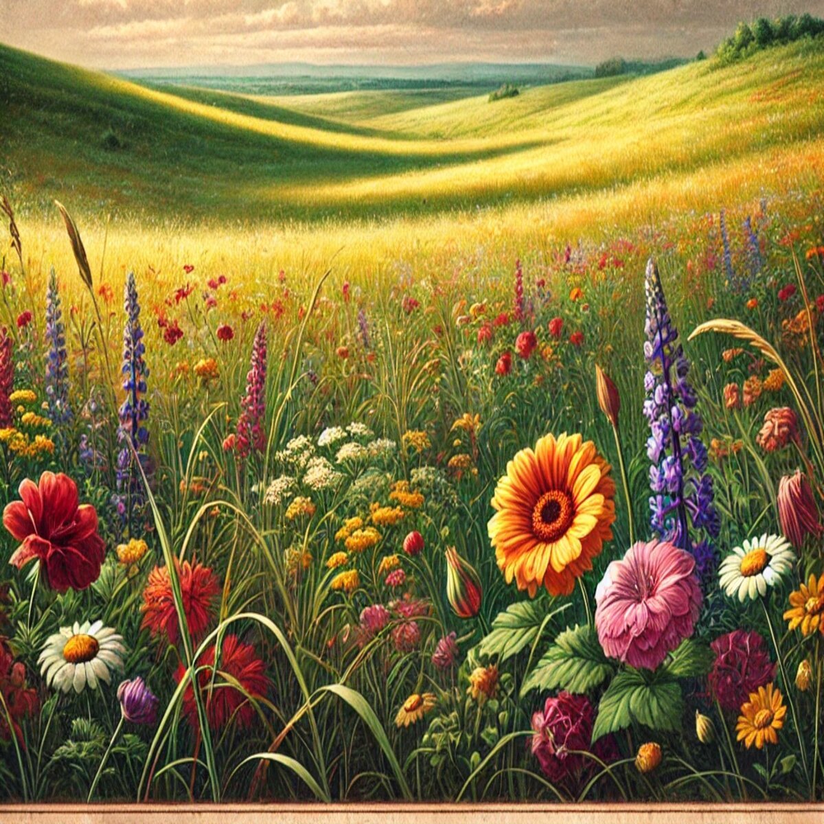 Wild Flower Field Landscape Vintage Painting. - $100.00