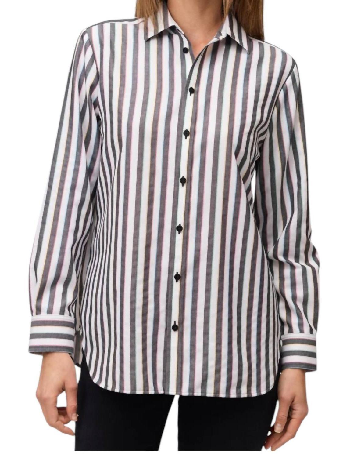 Foxcroft Boyfriend No Iron Rainbow Lurex Stripe Shirt Black/white - $71.00