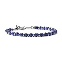 Blue Natural Stone Beads Bracelet Men with Stainless Steel Adjustable Size 22cm  - £22.52 GBP