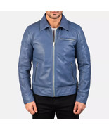 Men&#39;s Shirt Collar Blue Biker Rider Jacket Leather Genuine Lambskin Stylish - $2,344.69 MXN+