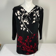 Chicos Travelers Size 1 Tunic Top Floral 3/4 Sleeves Black Draped Neck Medium 8 - $24.99