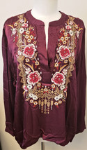 Johnny Was Floral Embroidered Anacapri Relaxed Trapunto Blouse Sz-XL Wine - £136.60 GBP