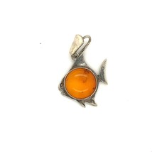 Vintage Sterling Silver Aquatic Fish In the Sea Belly Honey Amber Stone Pendant - $34.65