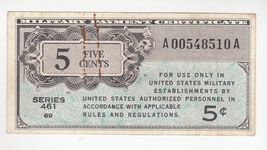 USA, MPC Series 461, 5 Cents, Military Payment Certificate, PM1, XF, Rare - $22.91