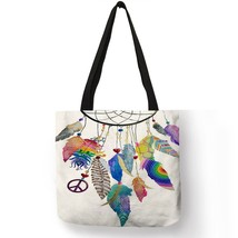 Catcher girls handbag practical daily office linen tote bag feather print shoulder bags thumb200