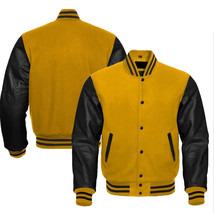 Men&#39;s Yellow Black Varsity Wool Leather Bomber Jacket Varsity Bomber Jac... - $149.99